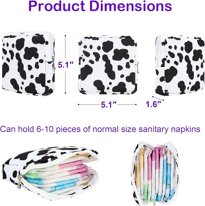 Sanitary Pad Storage Bag Portable Period Bag for Teen Pads/Sanitary Napkins/Small Tampons, Sanitary Napkin Storage Bag First Period Gifts for Teen Girls (Cow)