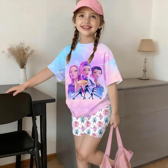 K-POP DEM0N Hunters Outfits for Girls, 2 Piece T-Shirts and Apparel Sets Birthday Gift