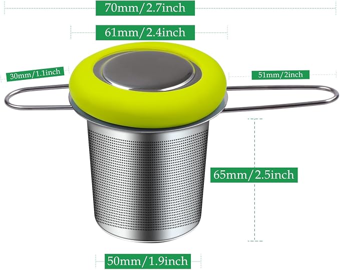 Tea Infuser Stainless Steel Tea Strainer Folding Handle Tea Filter Extra Fine Mesh Strainer Brewing Basket with Lid for Loose Leaf Tea (Green)