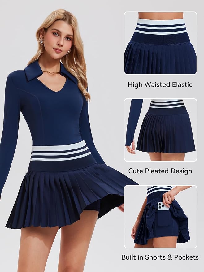 Women 2 Piece Tennis Skirt Set Polo Golf Outfits Racerback Tank Top Pleated Skort with Pockets Summer Workout Athletic Dress