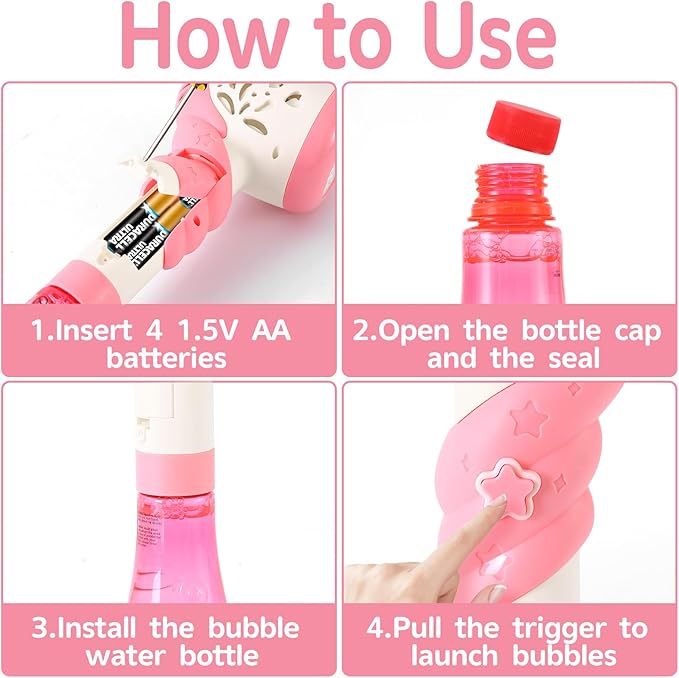 Bubble Machine Wand Gifts for Kids Toddlers Age 1 2 3 4 5 6 7 8 Years Old Birthday Party Unique Cute Baby Outdoor Outside Unicorn Summer Toy Easter Day Game for Little Girl Boy Include Solution Pink