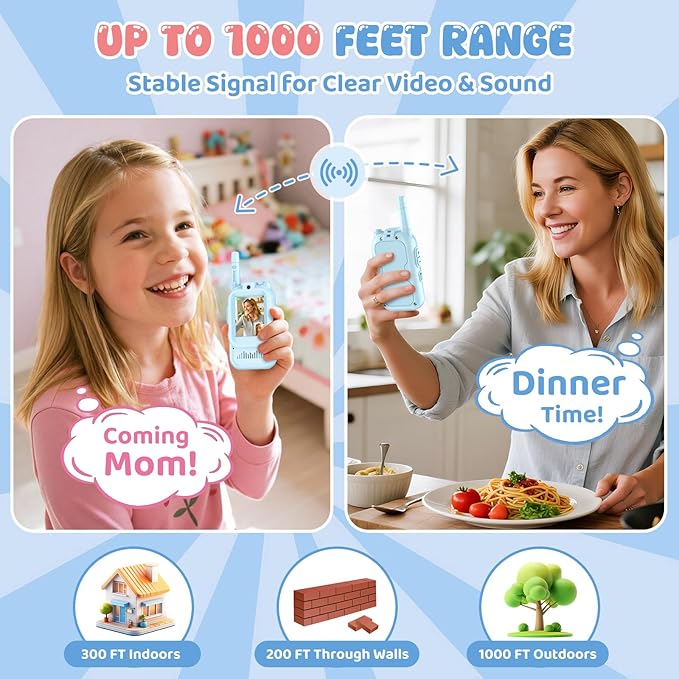 Kids Video Walkie Talkie, 2 Pack Rechargeable Walkie Talkie with Screen Camera, Long Range Facetime Chat, Toys for 3-12 Boys Girls, Birthday Easter Toddler Gifts, Indoor Outdoor Camping Toys
