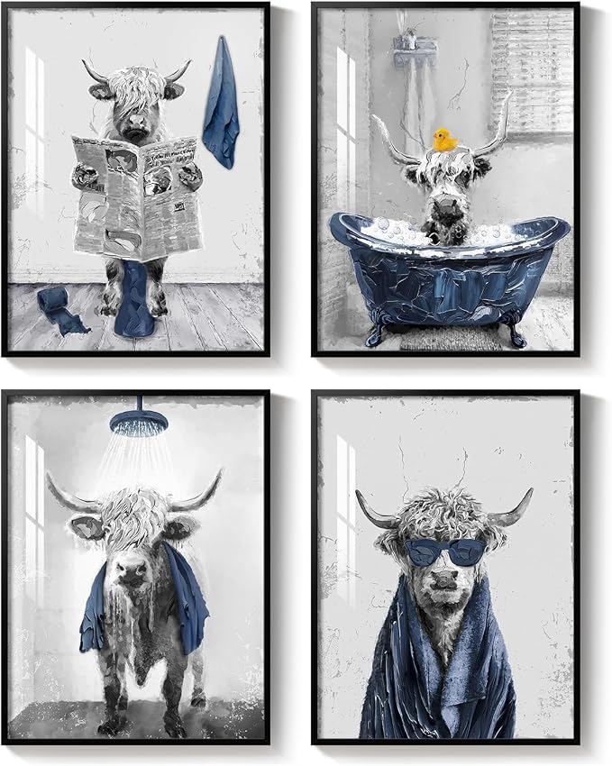 Framed Funny Highland Cow Wall Art for Bathroom Decor, 4 Piece Navy Blue Prints Paintings Artwork for Walls, Fun Cute Cow Sitting on Toilet in Bathtub Pictures for Bathroom Wall Decor 12x16 Inch