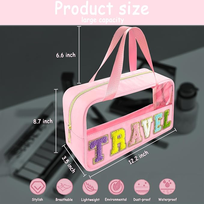 Bunliuys Chenille Letter Clear Makeup Bag Travel Patch, Travel Toiletry Makeup Bag with Handle, Nylon Waterproof Makeup Bags clear cosmetic bag, preppy patch makeup bag for Women (TRAVEL-Pink)