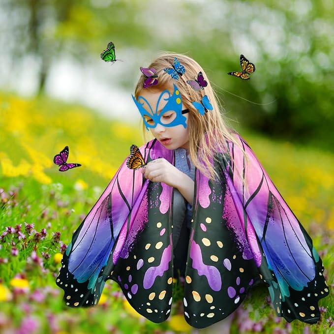 Kids Butterfly Wings Costume Girls Fairy-Wings Toddler Dress Up Play Costumes Butterfly Hair Clip Mask Party Favors (Purple Green Sets)