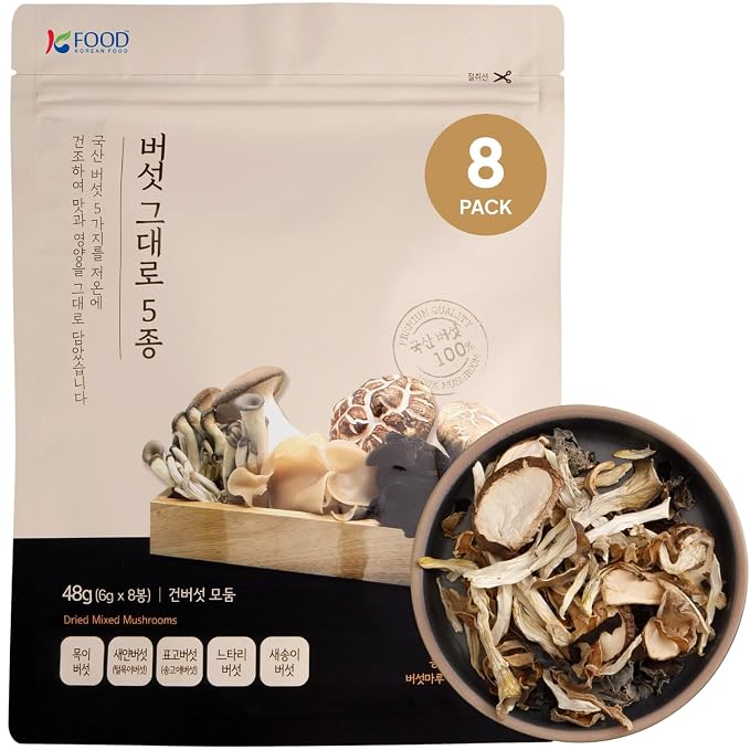 Korean Food Dried Mixed Mushrooms, 5 Varieties, Low-Temp Dried, 8 Packs | Five varieties of low-temperature dried mushrooms packed in convenient individual portions
