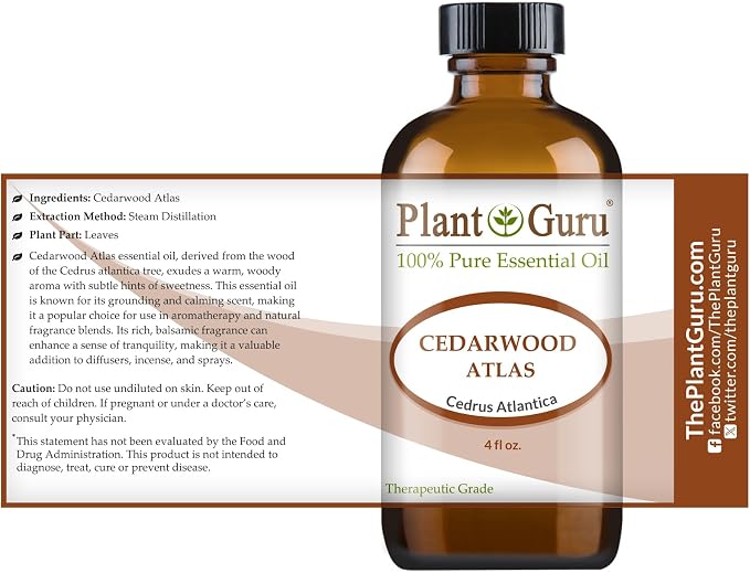 Plant Guru Cedarwood Essential Oil 4 oz 100% Pure Undiluted Therapeutic Grade for Skin, Body and Hair Growth. Great for Aromatherapy Diffuser and DIY Soap