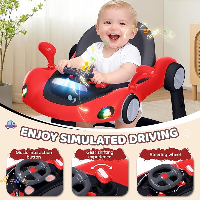 Baby Walker, 4-in-1 Baby Walker with Wheels Portable, Foldable Infant Toddler Walker for Boys Girls 6-18 Month (Red)