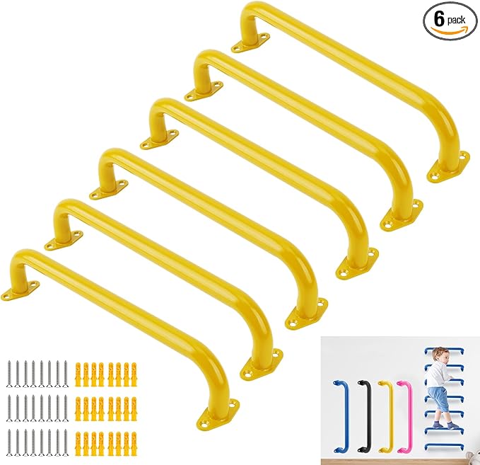 BiJun17 inch Metal Playground Handles,Monkey Bars Indoor Heavy Duty Ceiling Grab Bars for Indoor Outdoor Playgrounds Climbing Frames,Treehouses,and Wall ladders (Yellow Set of 6)