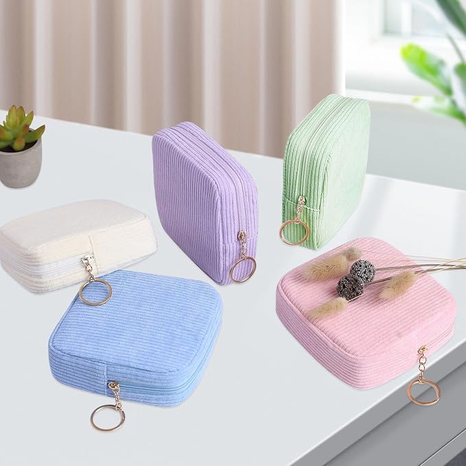 Sanitary Napkin Storage Bag, Preppy Corduroy Period Bag for School Teen Girls, Cute Portable Period Pouch with Zipper, Sanitary Pads Bag Tampons Holder for Purse, First Period for Women Ladies