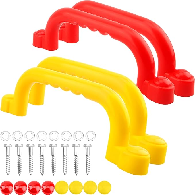 4 Pieces Kids Playground Safety Handles Playground Grab Handle Bars Playground Accessories Equipment for Kids Outdoor Playset Backyard Playhouse Tree House Jungle Gym (Yellow,Red)