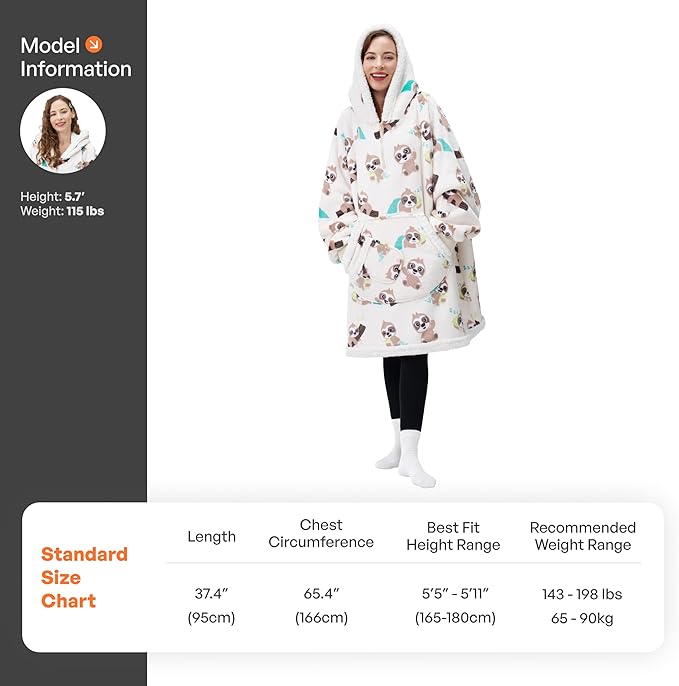 Giggling Getup Wearable Blanket Hoodie for Adults Gifts for Teen Girls Sister Women Sherpa Fleece Printed Hooded Blanket Sweatshirt Warm Cozy with Pocket & Sleeves Cream Sloth