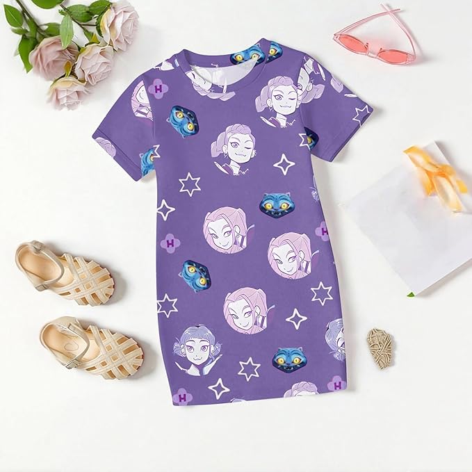 Girl's Anime K-POP Graphic Long Dress T-Shirt - Casual Loose Fit Short Sleeve Top