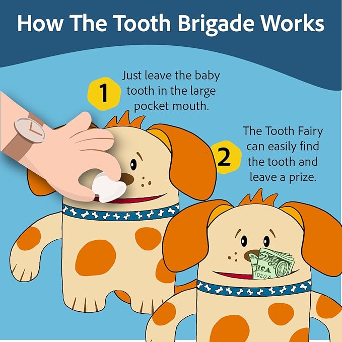 The Tooth Brigade Tooth Fairy Pillow | Stuffed Plush with Large Pocket Mouth for Lost Teeth, Treasures, Prizes - Fun and Interactive Plush, Perfect Kids, Boys, & Girls Gift (OBI Dog)