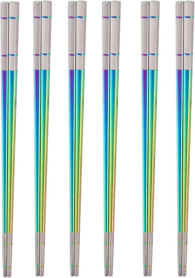 Reusable Stainless Steel Chopsticks,Dishwasher Safe , Easy to Use(6 PCS,Dazzling colors)
