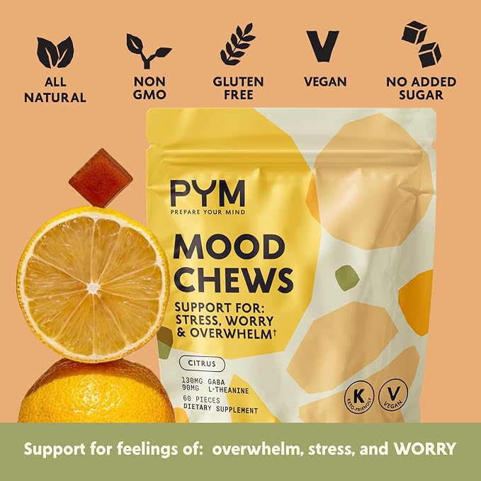 PYM Citrus Mood Chews Support for Stress, Worry & Overwhelm, 60 Count | 130mg GABA, 90mg L-Theanine | Vegan,Non-GMO, Gluten-Free,No Added Sugar | All-Natural Mood Support Supplement in Resealable Bag
