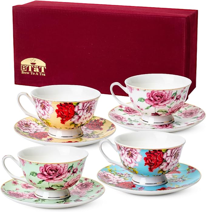 BTaT- Floral Tea Cups and Saucers Set of 4 (8 oz), Porcelain Tea Cup Sets with Gold Trim & Gift Box, Dishwasher & Freezer Safe