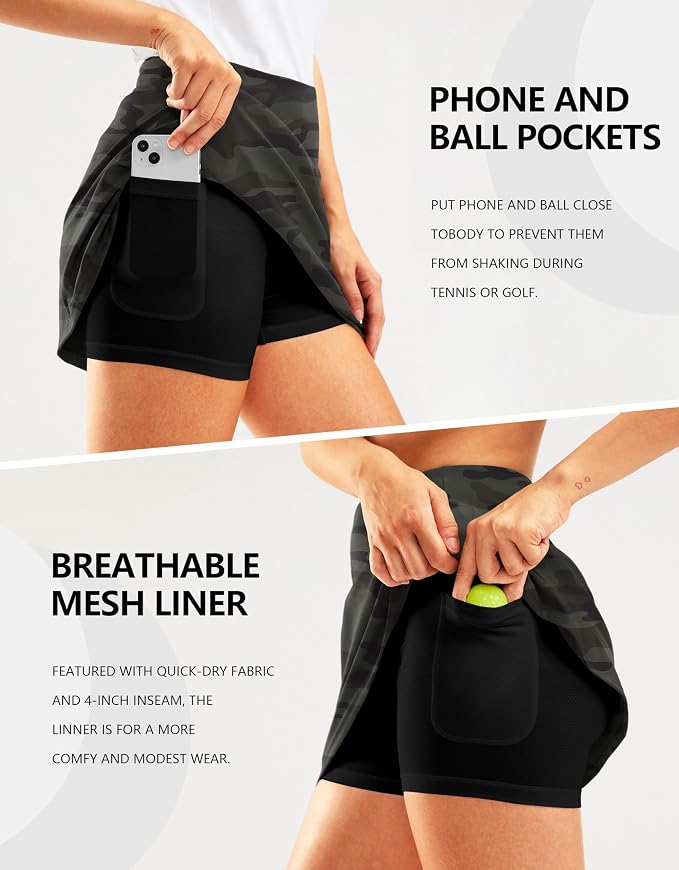 16" Golf Skirt with 2 Zipper Pockets | Tee Holder, Mesh Shorts, High Waisted, Casual, Pickleball, Athletic, Tennis, Skorts for Women