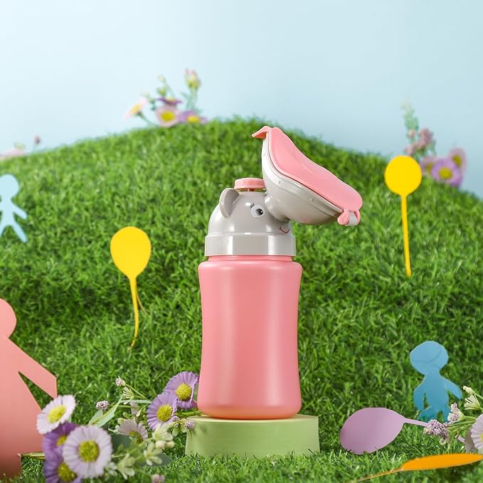 ONEDONE Portable Urinal for Kids 17 OZ Pee Bottle with Clean Brush Travel Urinal for Kids Baby Child Pee Cup for Girls Emergency Toilet for Camping Car Travel and Kid Potty Training (Pink)