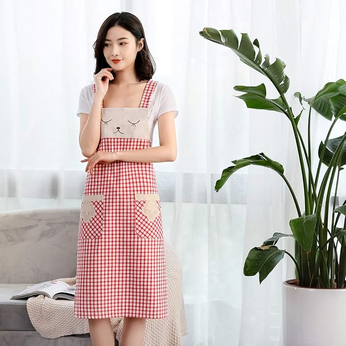 NEWGEM 100% Cotton Cute Plaid Apron with Pockets - Korean Style H-Back Cat Pinafore for Gardening, Farmhouse Kitchen (Red/White Cat)