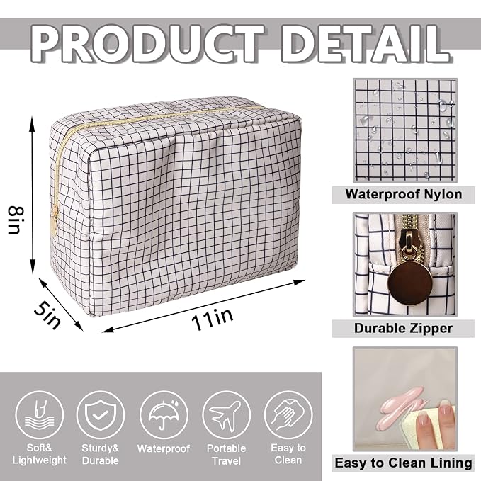 Large Makeup Bag Pouch, Nylon Women Travel Toiletry Storage Bag Checkered Cosmetic Bag for Girls, Big Preppy Makeup Organizer Bag Cute Zipper Pouch Skincare Bag for Sport School Work (Large-Checkered)