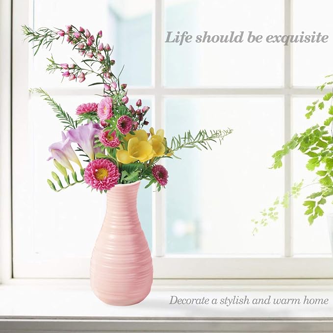 Unbreakable Vase for Flowers, Ceramic Look Plastic Vase for Home Decor, Living Room, Table (Seashell Pink)