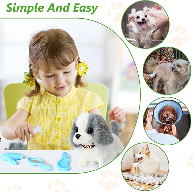 Electronic Interactive Plush Puppy - Battery Operated Mechanical Walking Little Pet Dog with a Cute Bag, Barking, Tail Wagging, Stretching Companion Animal for Toddlers & Kids (Grey)
