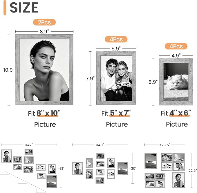 upsimples 10 Pack Picture Frames Collage Wall Decor for Mounting or Tabletop Display, Photo Gallery Frame Set for Family, Multi Sizes Including 8x10, 5x7, 4x6, Gray | Multi Picture Frames Collage Wall Decor, Gallery Wall Frame Set, Gift For Christmas, ...