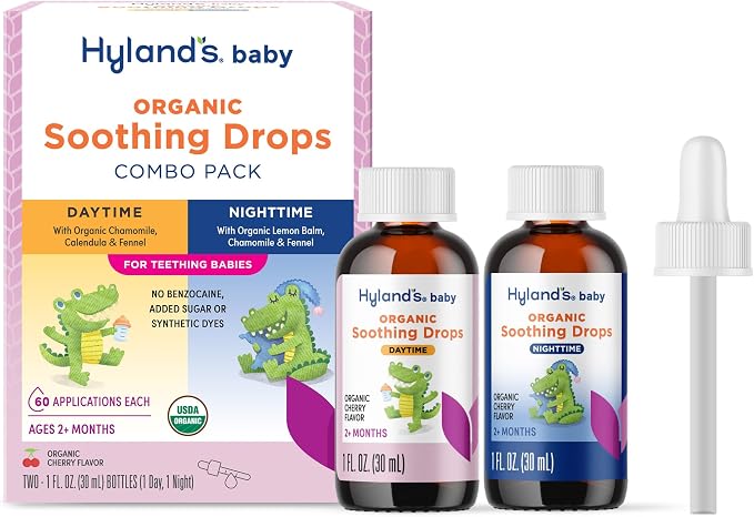 Hyland's Baby Drops Day & Night Combo Pack - 1 oz, 2-Count, Organic Cherry Flavor - Daytime and Nighttime Oral Discomfort Drops for Teething Babies