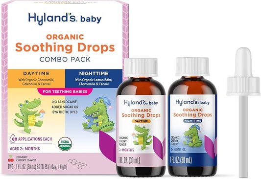 Hyland's Baby Drops Day & Night Combo Pack - 1 oz, 2-Count, Organic Cherry Flavor - Daytime and Nighttime Oral Discomfort Drops for Teething Babies
