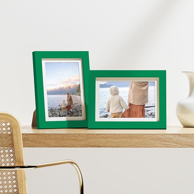 Vittanly 5x7 Picture Frames Set of 9 for Wall or Tabletop Display, Green | Display Pictures 4x6 with Mat or 5x7 without Mat, Small Photo Frames, Engineered Wood with Shatter Resistant Plexiglass