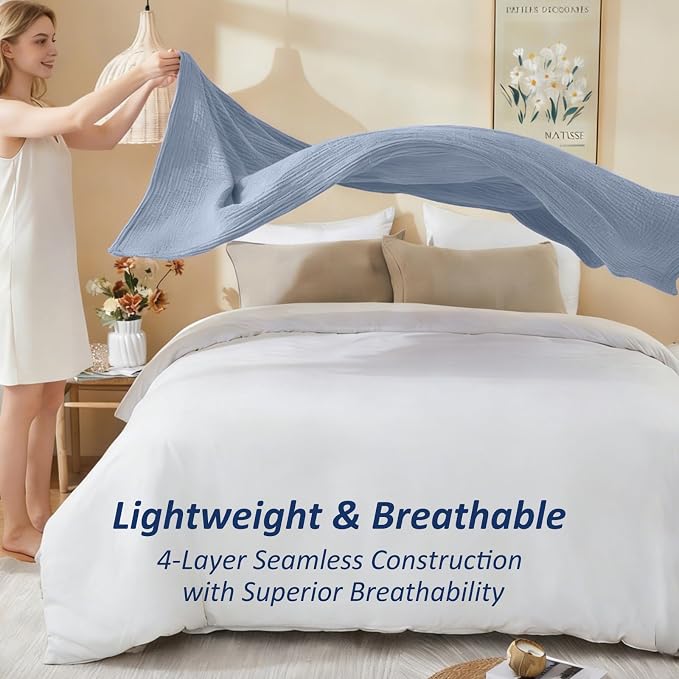 EMME Cotton Muslin Twin XL Blanket Breathable Gauze Soft Lightweight Blankets Adults Gifts for Women (Heather Dusty Blue, 66"x90")