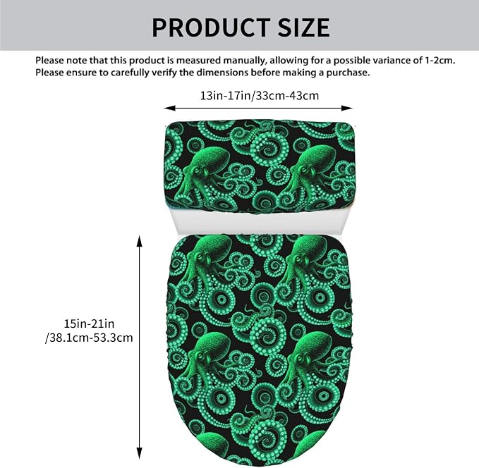 Elastic Edge Toilet Cover SetWatercolor Octopus Green, So ft Stretchy Fabric Universal Fit for Round Oblong Toilets Decor