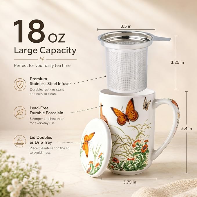 AmorArc Porcelain Tea Mug with Infuser and Lids, 18 Oz Coffee Cup Strainer with Bag Holder for Loose Leaf Tea, Steeping Coffee Mug for House-warming Wedding Birthday Gift