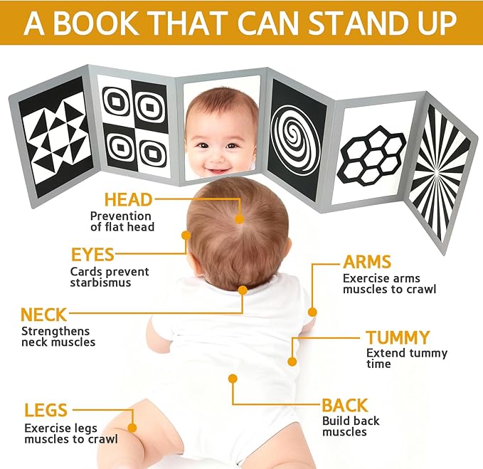 KUANGO Black and White High Contrast Tummy Time Mirror Toys Newborn Toys 0 6 Months Brain Development Infant Stimulating Sensory Baby Book 0-3 3-6 2 4 5 Months Old Baby Boy Girl Gifts
