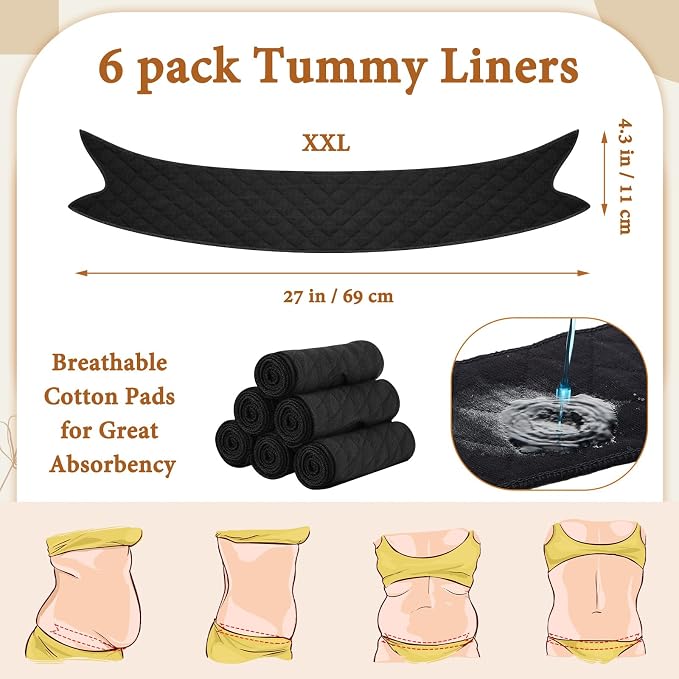 6 Pcs Cotton Tummy Liners for Skin Folds, Under Belly Sweat Liners for Sweat Rash, Cloth for Sweat Absorbing