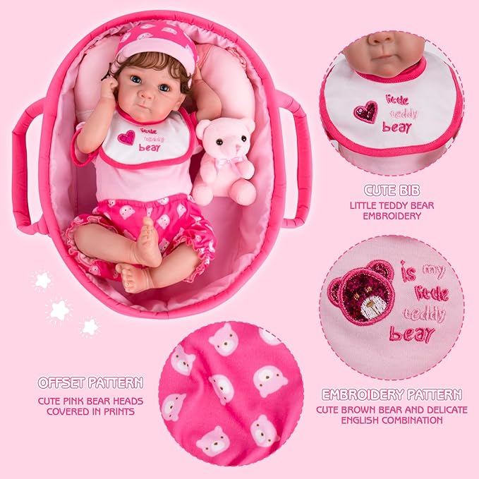 Aori 10 Pcs Reborn Baby Dolls Clothes Set with Pink Bassinet for 16-18 Inch Reborn Doll, Carrier Bed and Doll Clothes Outfit Accessories fit Newborn Baby Girl