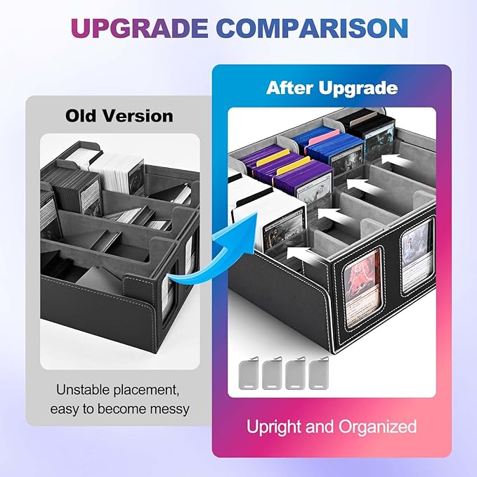UAONO Trading Card Storage Box with Commander Display; 2400+ Deck Box for MTG with Removable Cover; Top Loaders Card Case fits Magic TCG PTCG Sports Cards; 24 Dividers, 4 Stoppers (Black, Grey)
