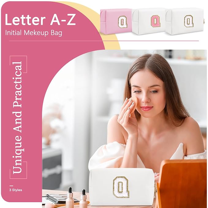 Small Personalized Initial A-Z Preppy Patch Makeup Bag,White PU Chenille Letter Travel Cosmetic Pouch with Zipper,Cute Toiletry Bag,Gift Ideal for Teen Girls Women Teacher Bridesmaid,Letter Q