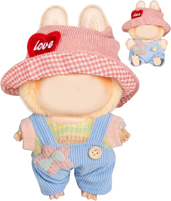 3-Piece Doll Clothes for Labubu & 17cm Dolls – Stylish Fisherman Hat Set, Kawaii Doll Outfits with Accessories for Collectors or Display - Light Blue Star (No Dolls)