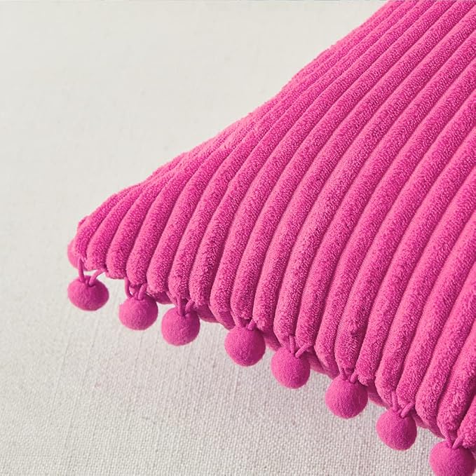 Fancy Homi Pack of 2 Corduroy Soft Decorative Throw Pillow Covers with Pom-poms, Solid Square Cushion Case Pillow Cases Set for Couch Sofa Bedroom Car Living Room (20"x20", Hot Pink)