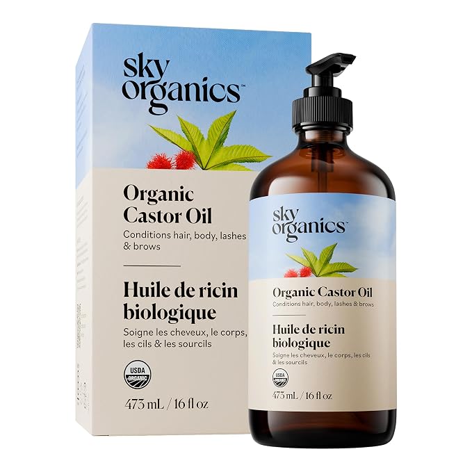 Sky Organics Organic Castor Oil glass bottle for Hair, Lashes & Brows 100% Pure & Cold-Pressed USDA Certified Organic to Strengthen, Moisturize & Condition, 16 fl. Oz