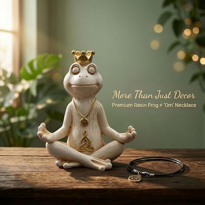 Meditating Zen Frog Statue Decor with Bonus Om Necklace - 5.8" Hand-Painted Resin Figurine - Yoga Room, Office Desk & Shelf Ornaments - Mindful Spiritual Gift for Women & Yoga Lovers (White)