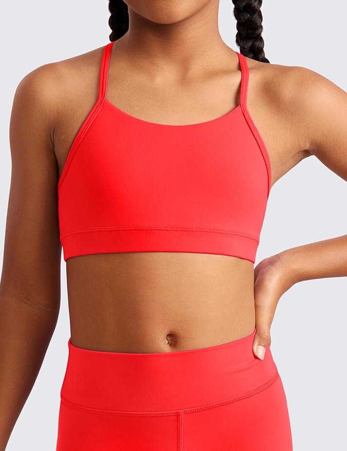 CRZ YOGA Girls Butterluxe Y Back Sports Bra - Yoga Athletic Casual Tops Scoop Neck Spaghetti Strap Padded Crop Kids Teen