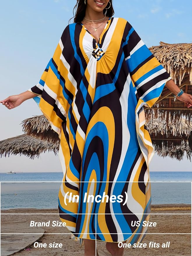 ChiaoLezhee Print Moo-Moos for Women, Kaftan Cover-Up Dresses, Sexy V-Neck High-Slit, Beach Pool-Party Coverups Muumuu Plus