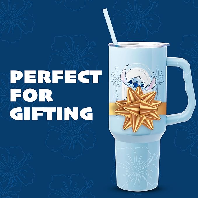Silver Buffalo Disney Lilo and Stitch Minimalistic Design Ocean and Tropical Double Walled Stainless Steel Tumbler with Handle and Straw, Fits in Standard Cup Holder, 40 Ounces