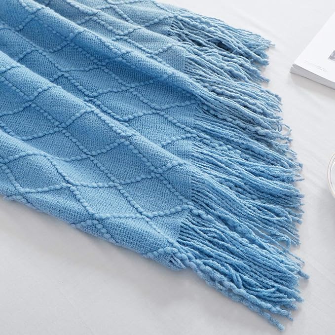 BOURINA Blue Throw Blanket 60x80 Inch Boho Knitted Soft Throw Sofa Blanket | Knitted Throw Blanket 60x80 Inches, Soft Lightweight Boho Weave Throw Decorative Couch Blanket for Living Room Bedroom Chair