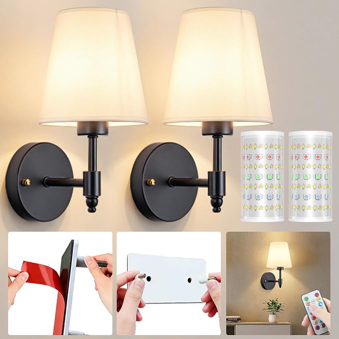 Nekhung Battery Operated Wall Sconce, Peel and Stick Sconces Set of 2 | Wireless Adhesive Stick On Wall Sconce, 10000mAh Rechargeable RGB Bulb with Remote, No Drill Wall Light for Bedroom Decor