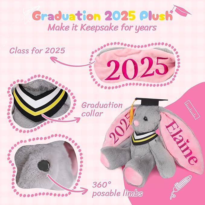 Custom Graduation Plush Bunny Gift 2025 for Her Him, Embroidered Bunny Graduation Stuffed Animal with Name for Kids Girls Boys, Kindergarten High School College Graduation Gifts