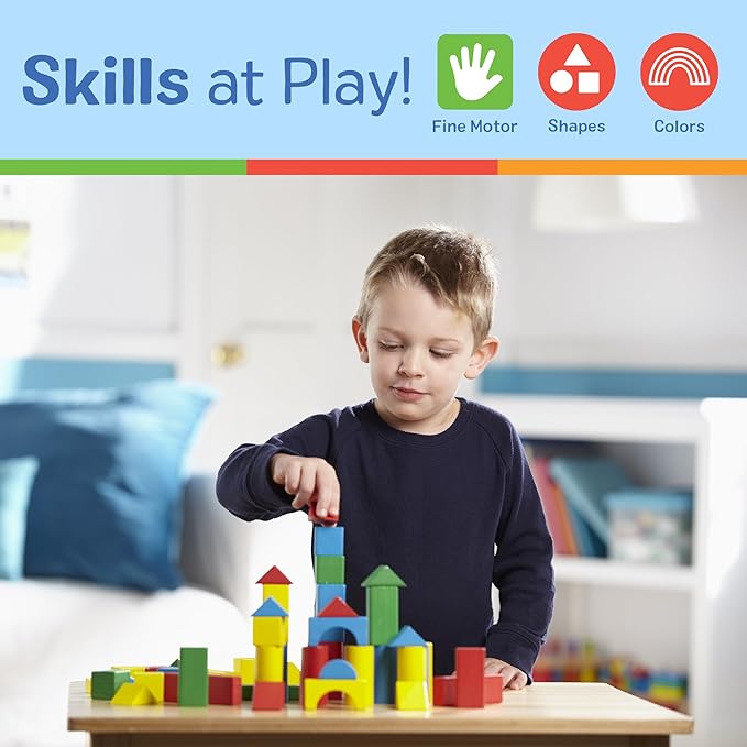 Melissa & Doug Wooden Building Blocks, 100-Piece Set of Sorting & Stacking Toys in 4 Colors and 9 Shapes, Classic Toddler Toys for Girls & Boys Ages 2+ - FSC Certified